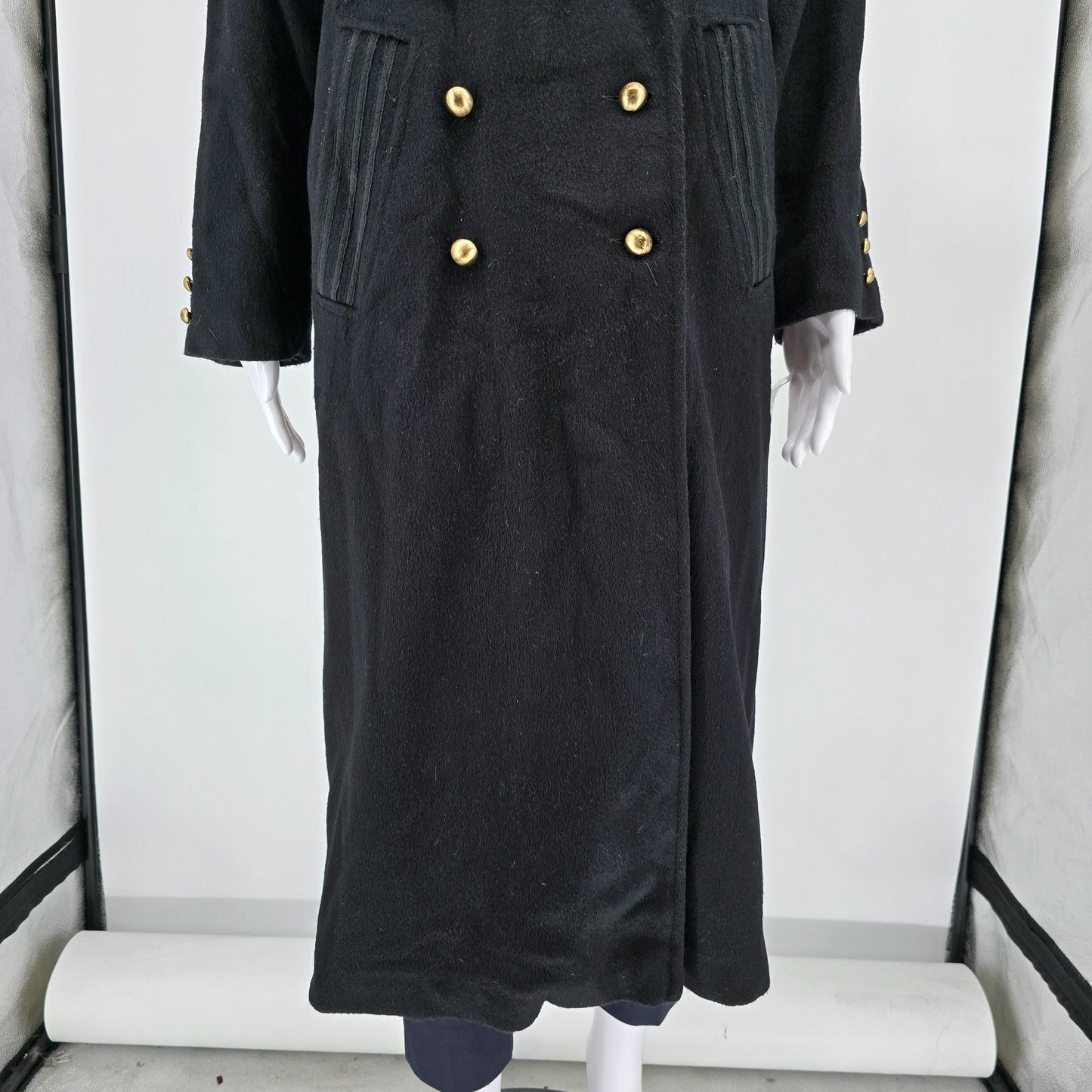 Vintage 1980s Donnybrook Black Hockanum Wool Double-Breasted Long Coat (8P)