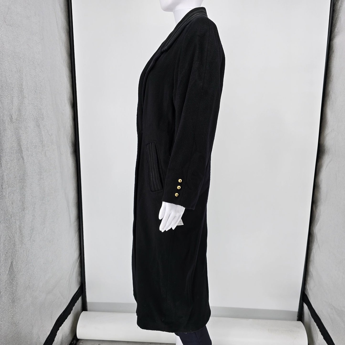 Vintage 1980s Donnybrook Black Hockanum Wool Double-Breasted Long Coat (8P)