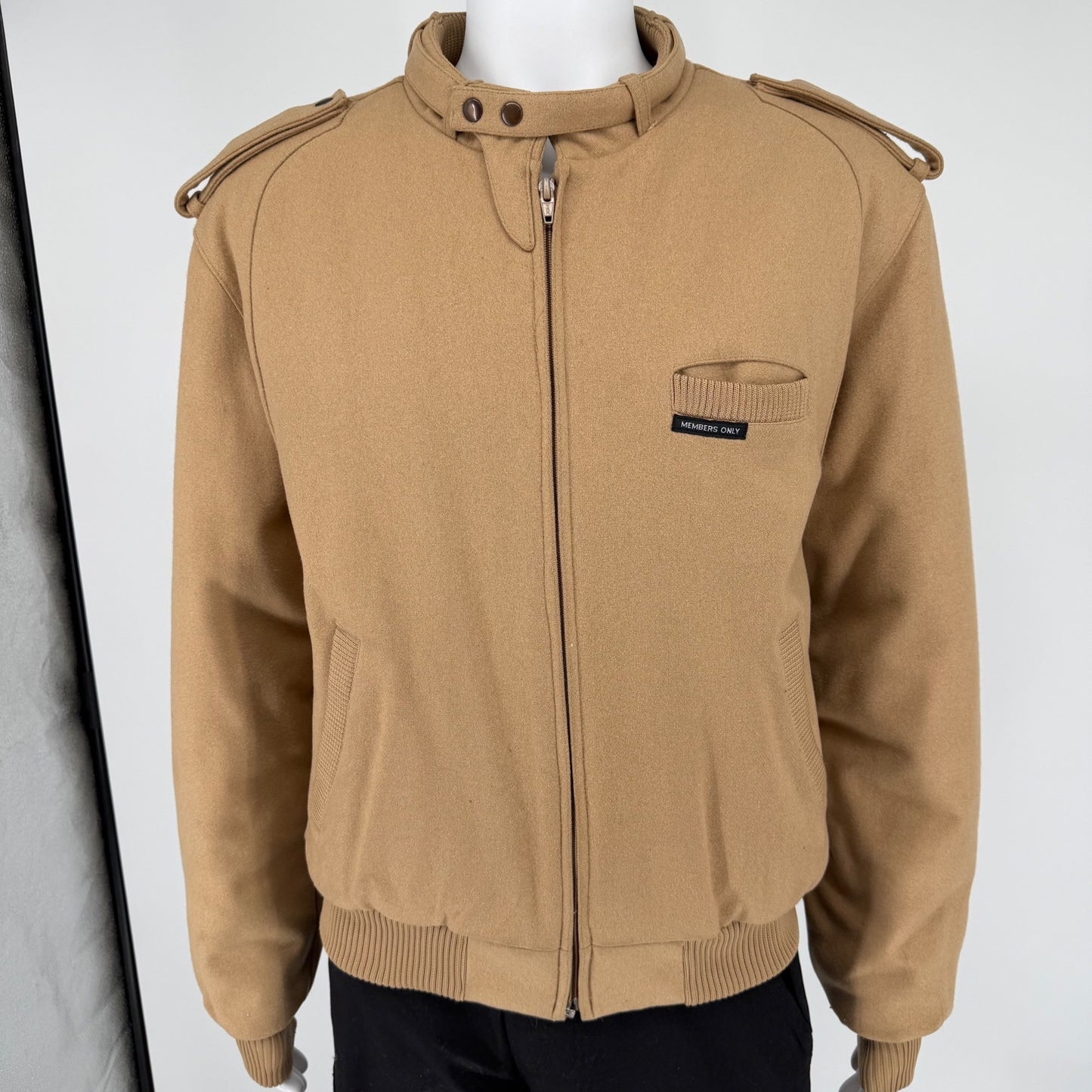 Vintage 1980s Members Only Tan Wool-Blend Padded Bomber Jacket (Size 44/L)