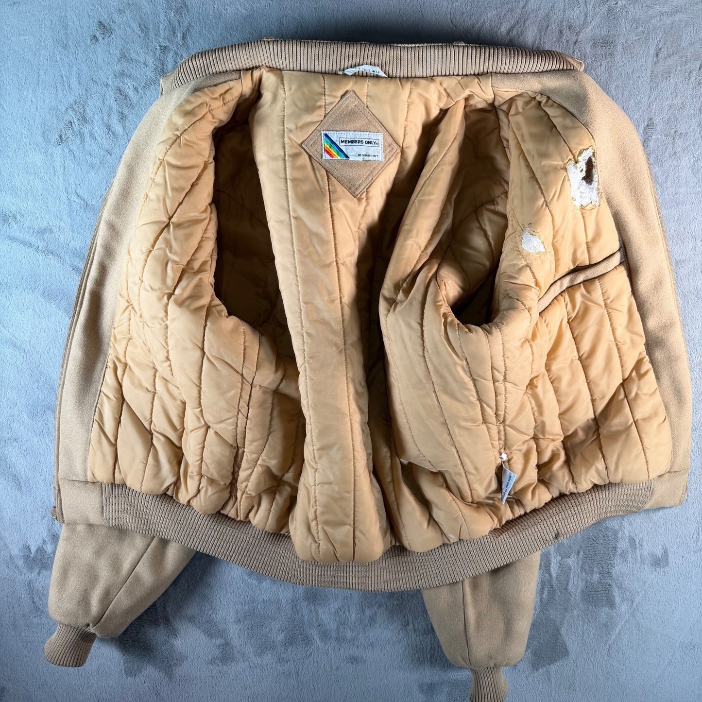 Vintage 1980s Members Only Tan Wool-Blend Padded Bomber Jacket (Size 44/L)