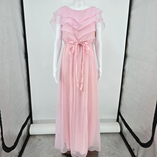 Vintage 1970s Light Pink Tiered Ruffle Bodice Empire Maxi Dress (Size 2/XS)