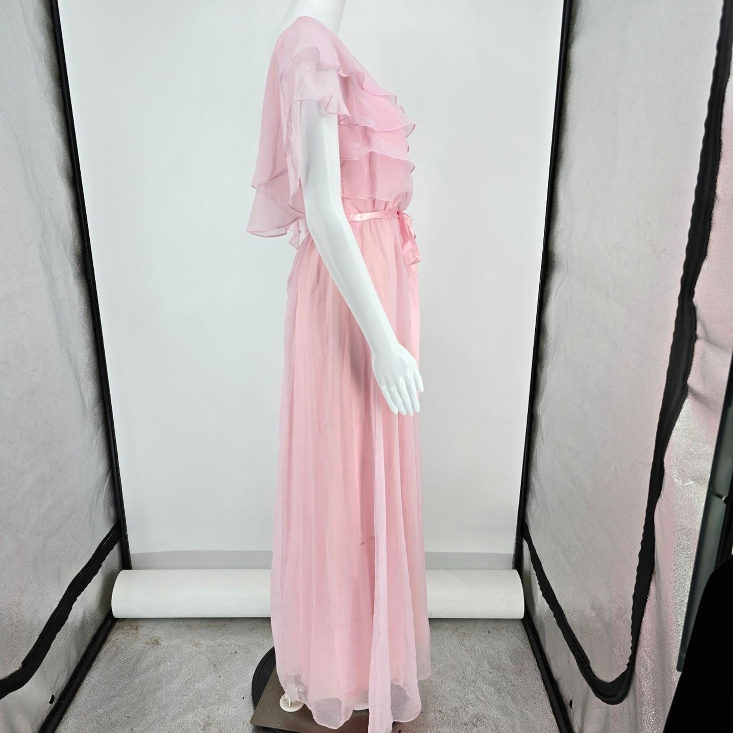 Vintage 1970s Light Pink Tiered Ruffle Bodice Empire Maxi Dress (Size 2/XS)