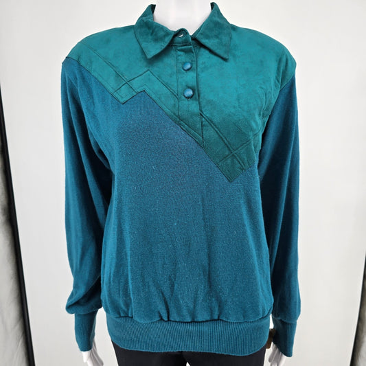 Vintage 1980s Lilli Ann Collections Teal Ultrasuede Mixed Media Pullover (10/M)