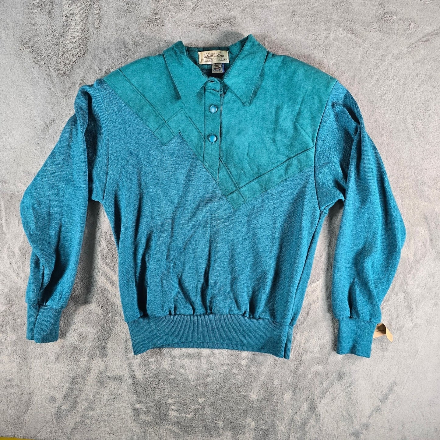 Vintage 1980s Lilli Ann Collections Teal Ultrasuede Mixed Media Pullover (10/M)