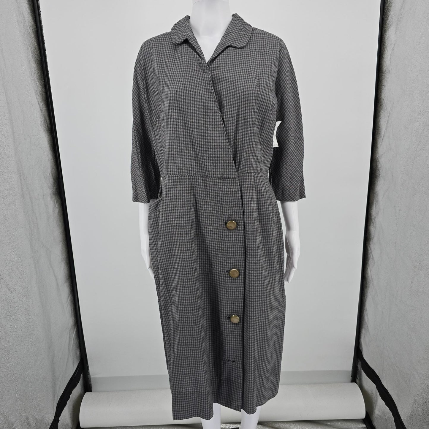 Vintage 1950s Gray Micro-Check Wrap-Front Coat Dress/Day Dress (Large)