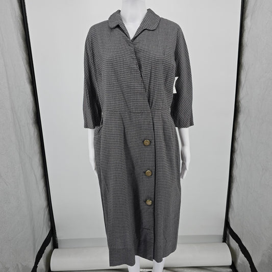 Vintage 1950s Gray Micro-Check Wrap-Front Coat Dress/Day Dress (Large)