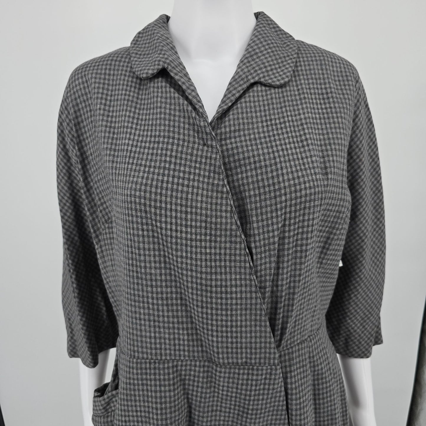 Vintage 1950s Gray Micro-Check Wrap-Front Coat Dress/Day Dress (Large)