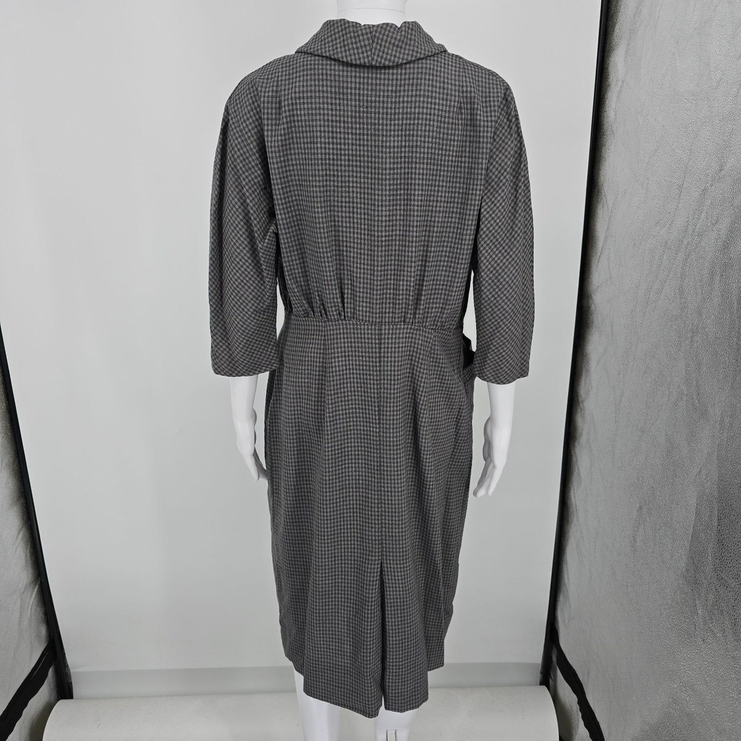Vintage 1950s Gray Micro-Check Wrap-Front Coat Dress/Day Dress (Large)