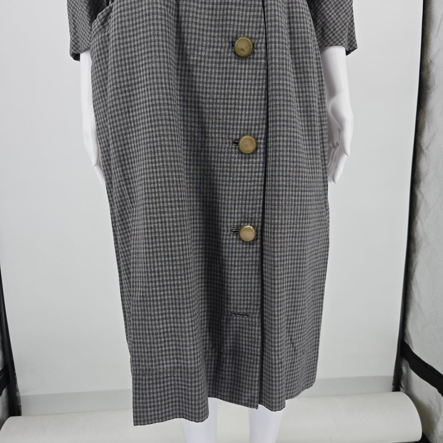Vintage 1950s Gray Micro-Check Wrap-Front Coat Dress/Day Dress (Large)