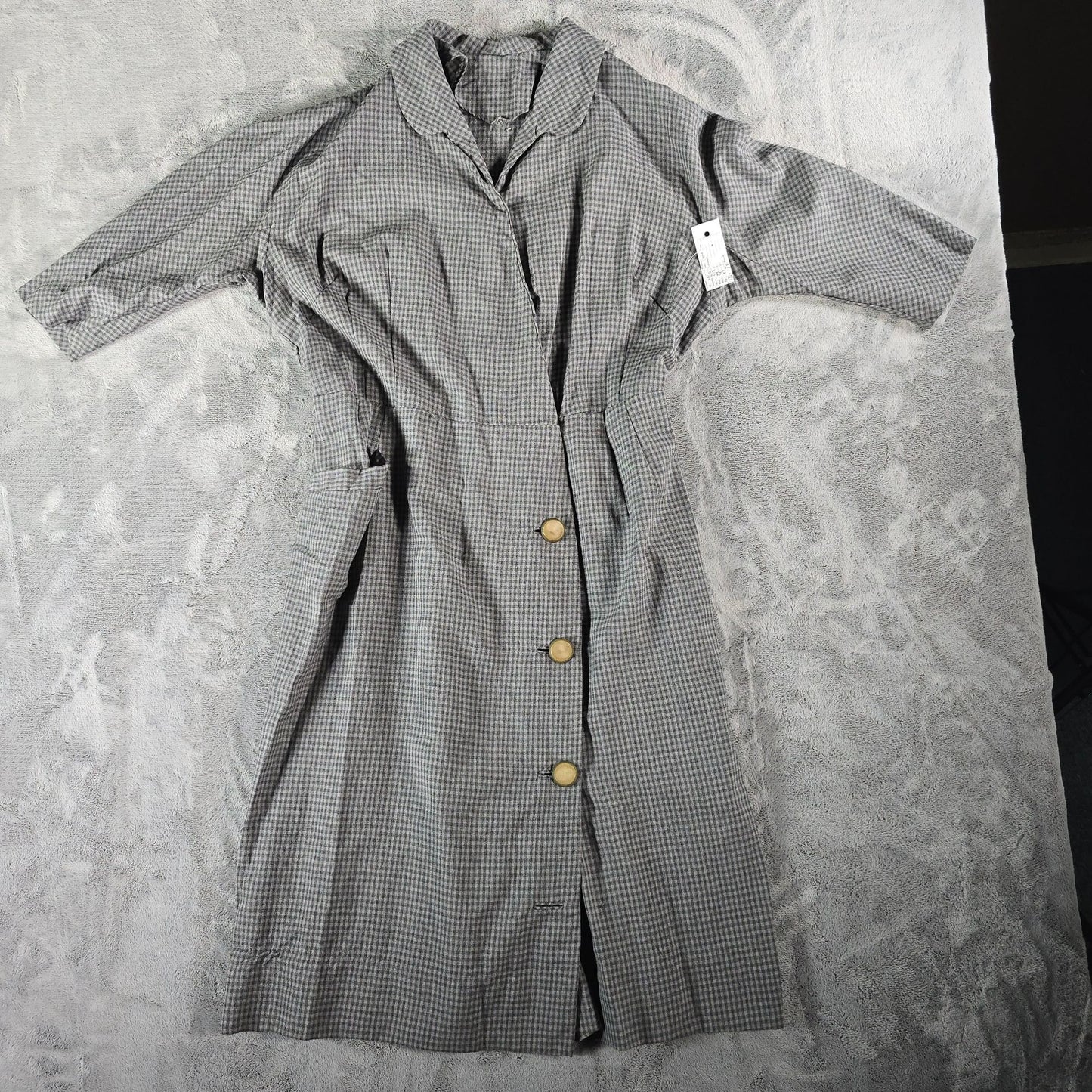 Vintage 1950s Gray Micro-Check Wrap-Front Coat Dress/Day Dress (Large)