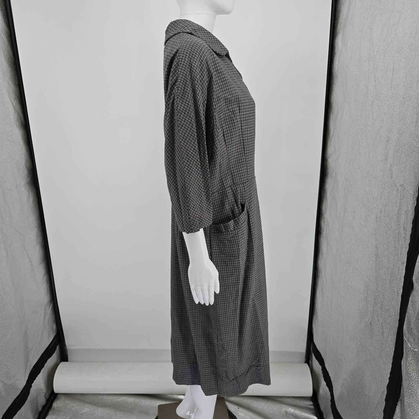 Vintage 1950s Gray Micro-Check Wrap-Front Coat Dress/Day Dress (Large)