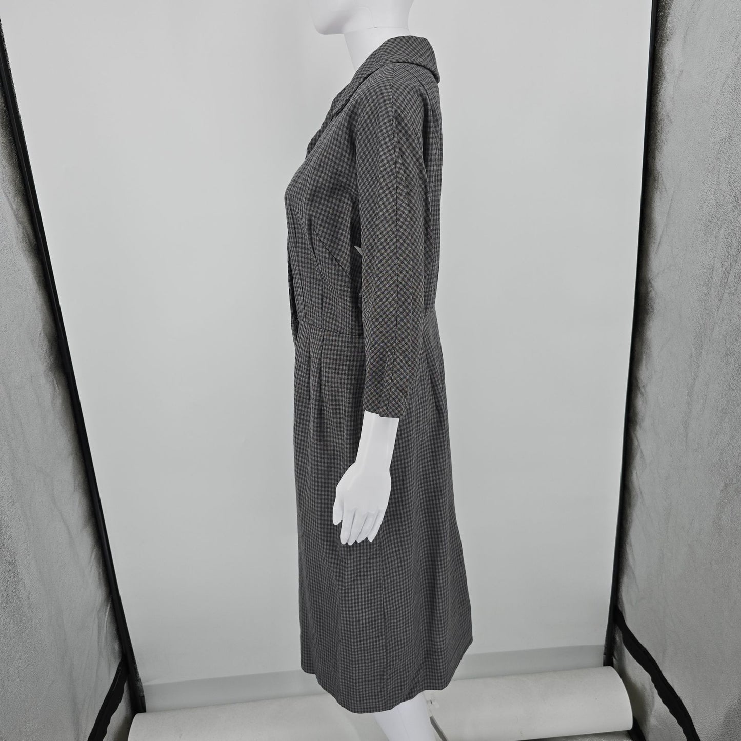 Vintage 1950s Gray Micro-Check Wrap-Front Coat Dress/Day Dress (Large)