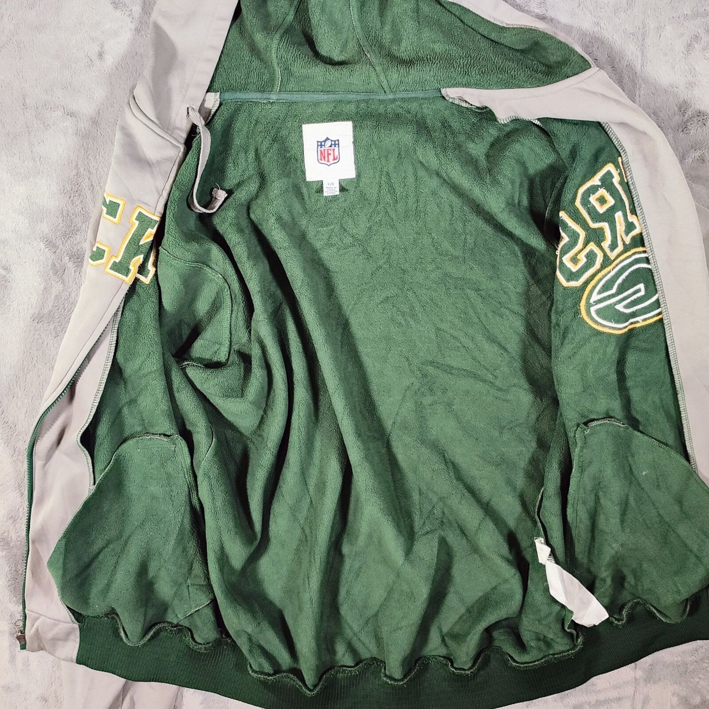 NFL Green Bay Packers Logo Fleece Lined Hooded Gray Jacket (Large) *FLAWS*