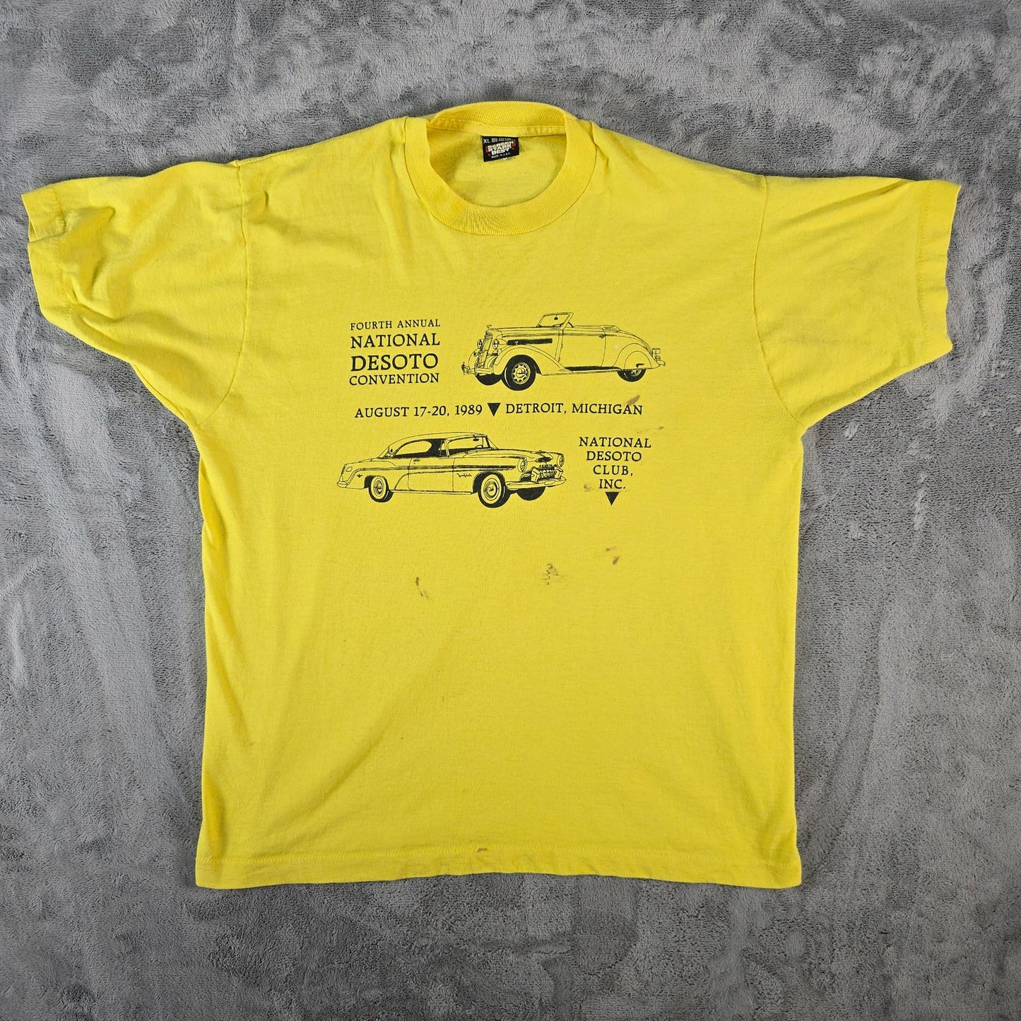 Vintage 1989 National DeSoto Convention T-Shirt XL Yellow Classic Cars Graphic Tee