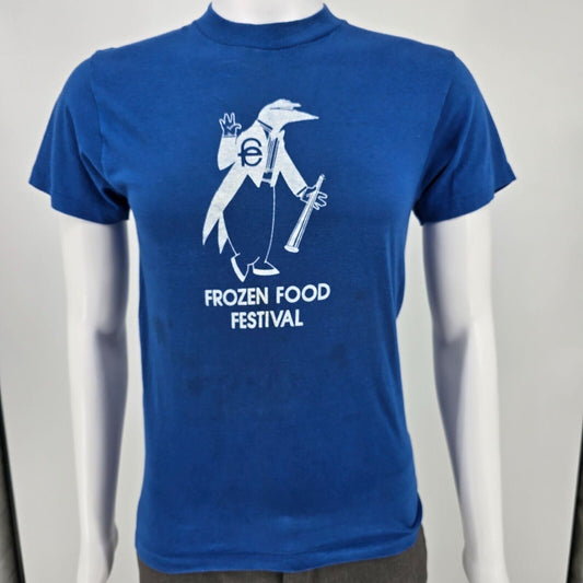 Vintage 1980s Blue Frozen Food Festival Mascot Logo Single Stitch T-Shirt (XS)