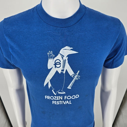 Vintage 1980s Blue Frozen Food Festival Mascot Logo Single Stitch T-Shirt (XS)