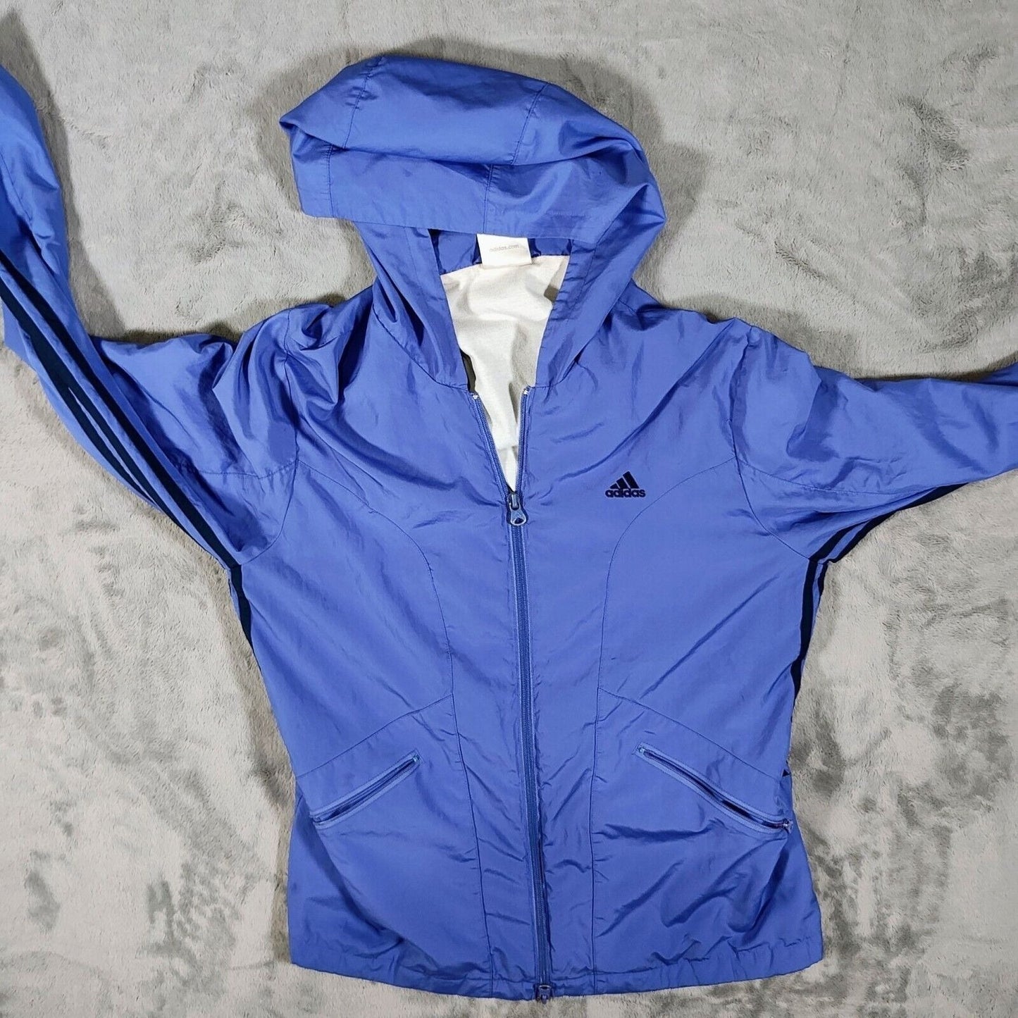 Vintage Adidas Y2K 2003 Womens Blue Hooded Windbreaker Jacket Fair Condition (L)