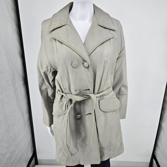 Distressed Vintage 1970s Women's Light Gray Double Breasted Belted Car Coat (S)