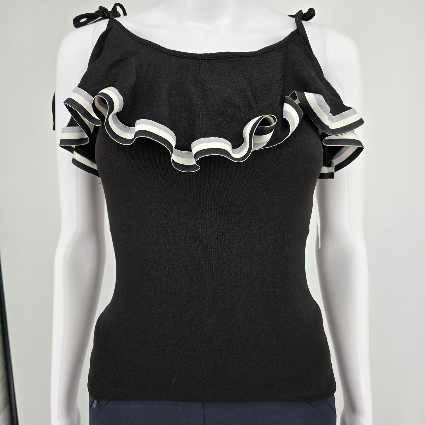 Vintage 1970s Women's Black Stretch Knit Ruffle Flounce Disco Party Top (S)