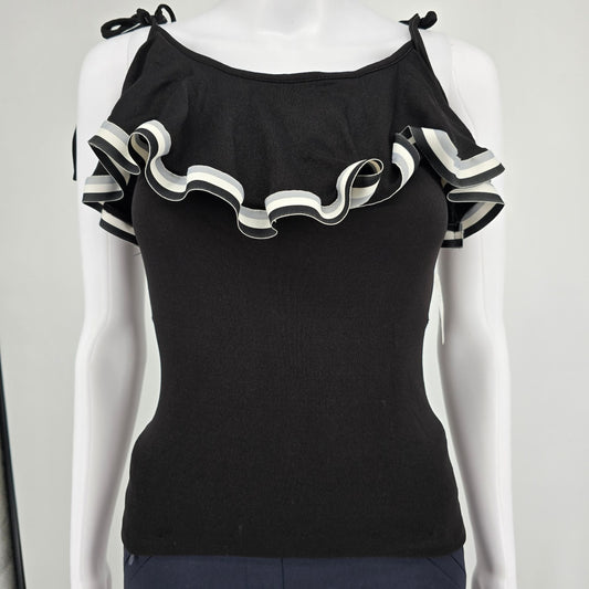 Vintage 1970s Women's Black Stretch Knit Ruffle Flounce Disco Party Top (S)