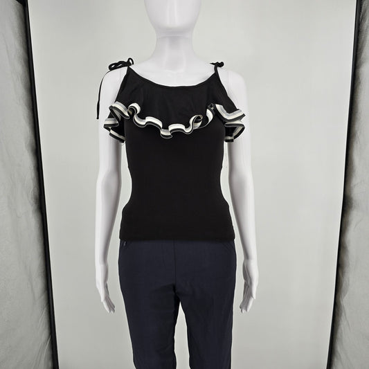 Vintage 1970s Women's Black Stretch Knit Ruffle Flounce Disco Party Top (S)