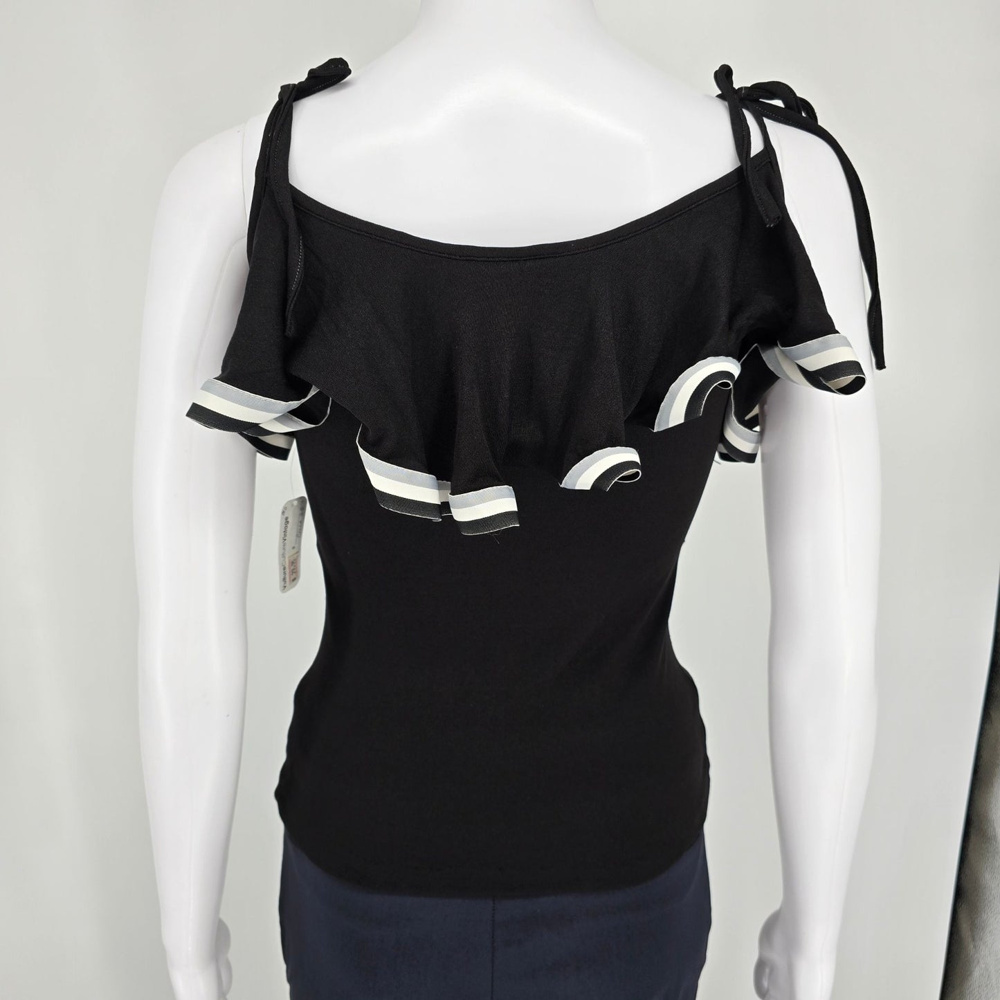 Vintage 1970s Women's Black Stretch Knit Ruffle Flounce Disco Party Top (S)