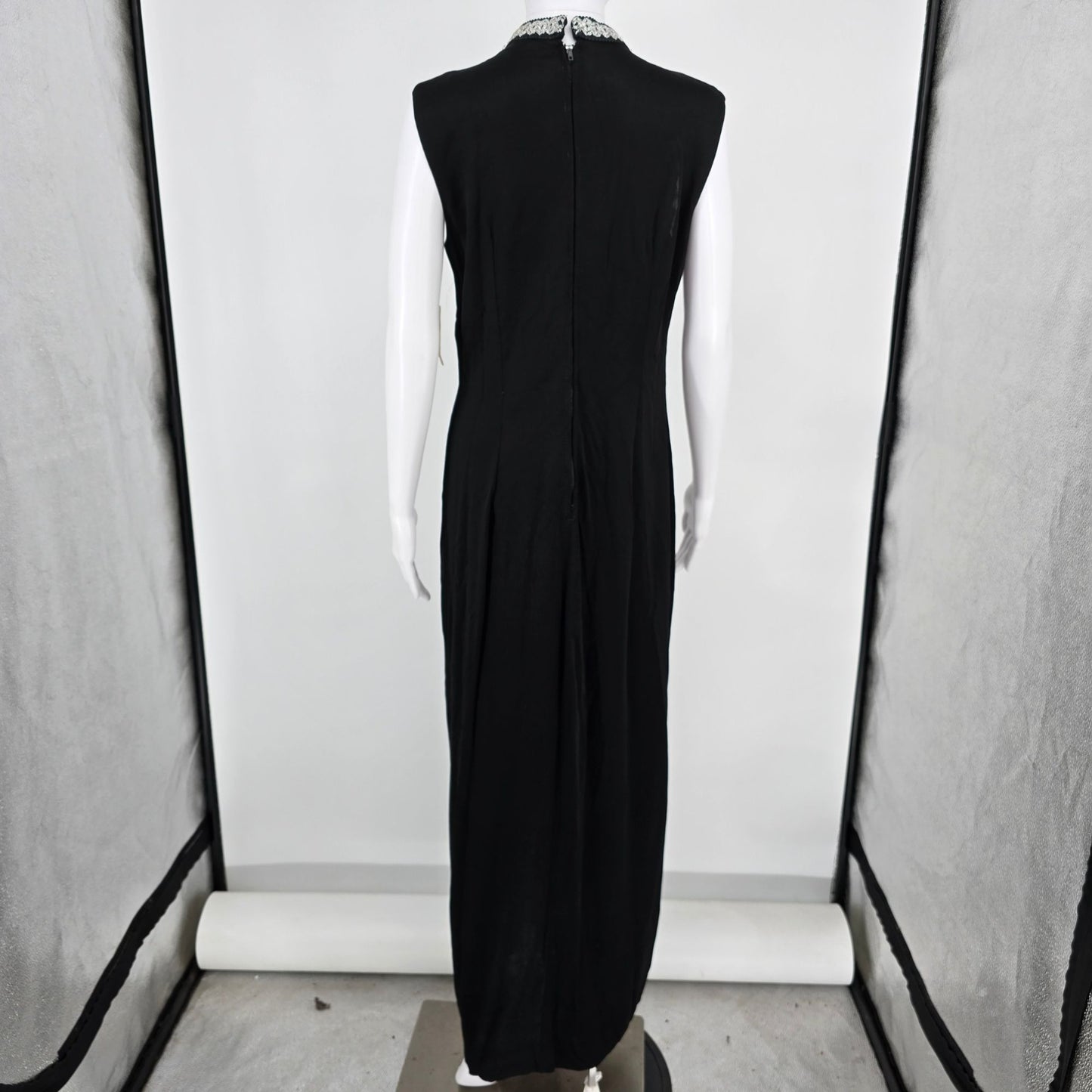 Vintage Early 1970s Black Keyhole Neck Sleeveless Column Maxi Dress (Size 4/S)