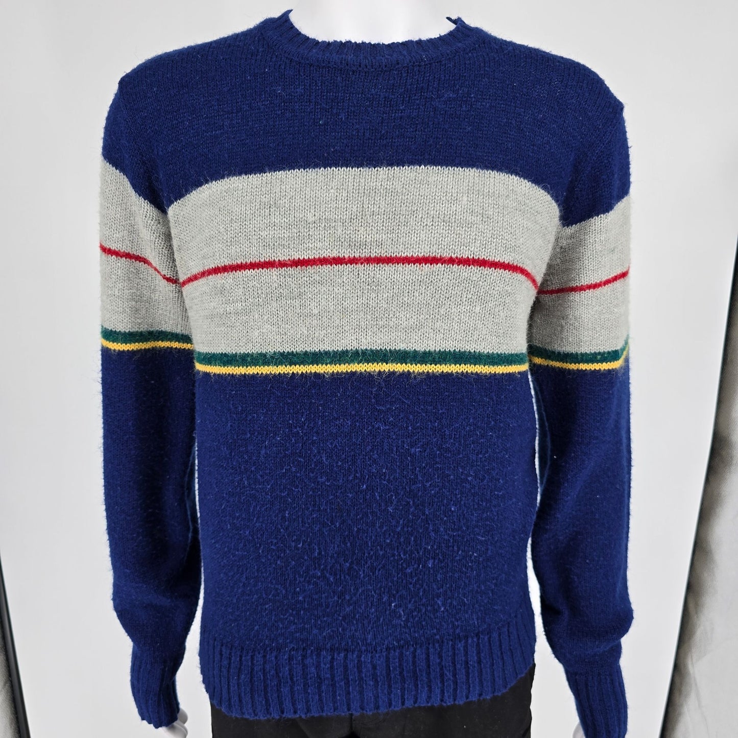Vintage 1980s SIM Sportswear Blue & Gray Striped Acrylic/Nylon Sweater (L/XL)