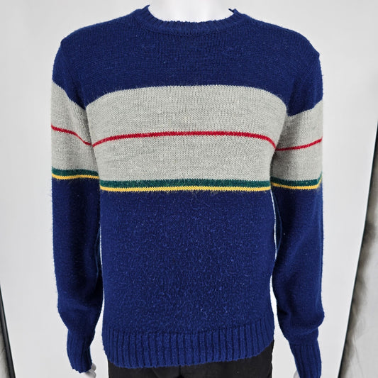 Vintage 1980s SIM Sportswear Blue & Gray Striped Acrylic/Nylon Sweater (L/XL)