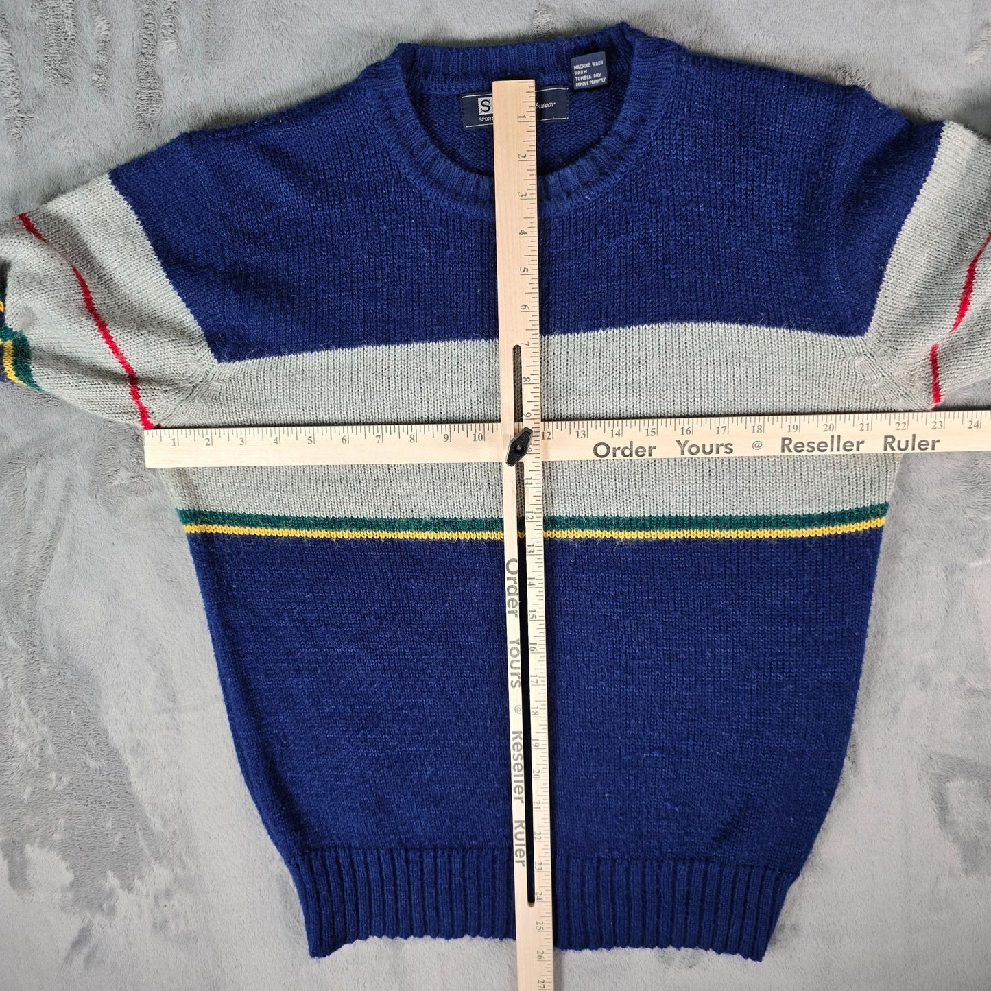 Vintage 1980s SIM Sportswear Blue & Gray Striped Acrylic/Nylon Sweater (L/XL)
