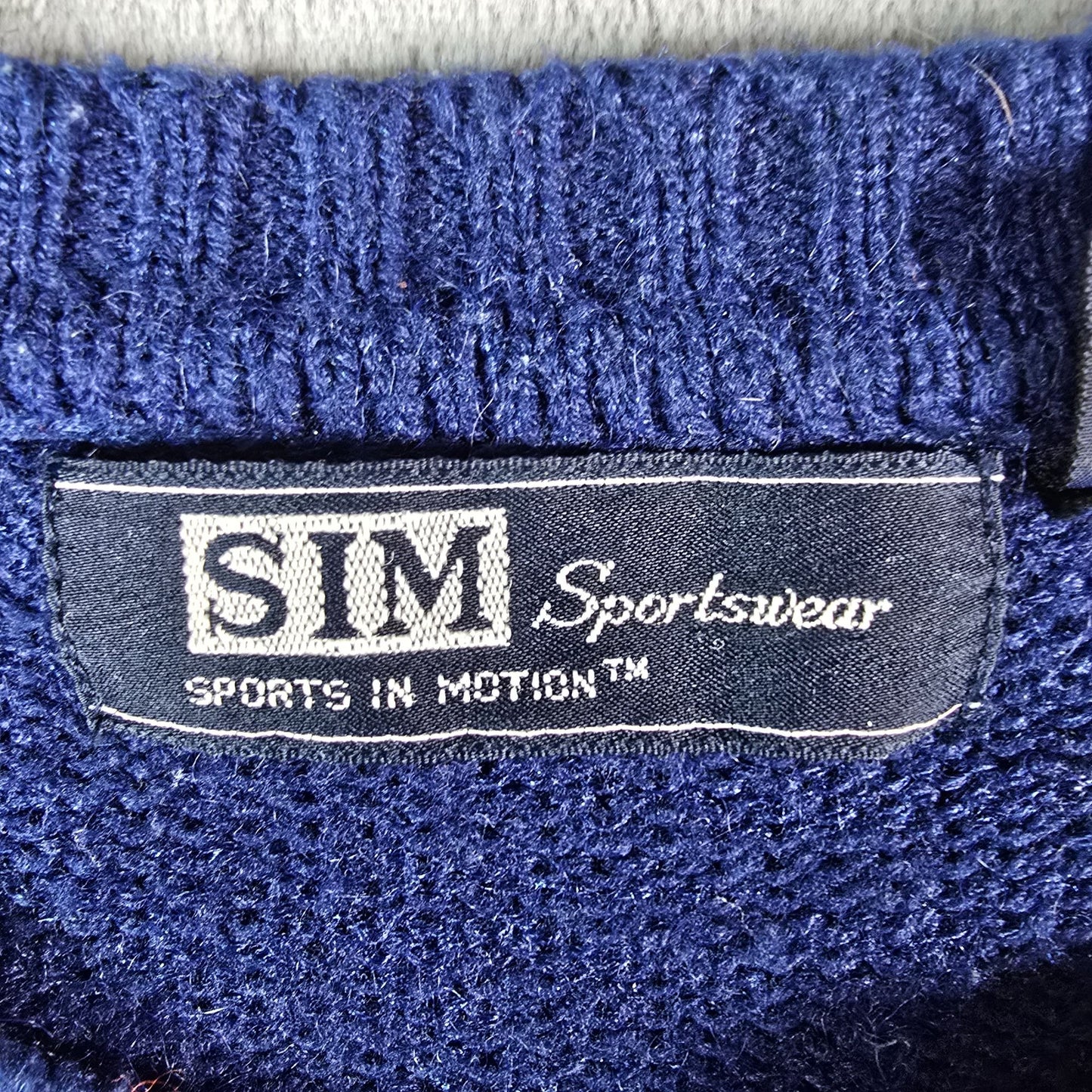 Vintage 1980s SIM Sportswear Blue & Gray Striped Acrylic/Nylon Sweater (L/XL)