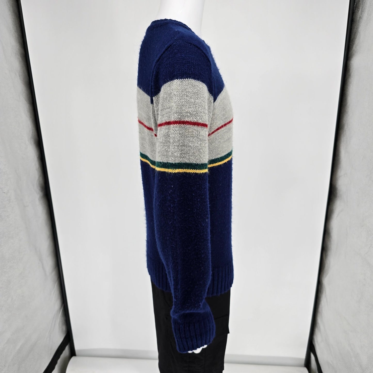 Vintage 1980s SIM Sportswear Blue & Gray Striped Acrylic/Nylon Sweater (L/XL)