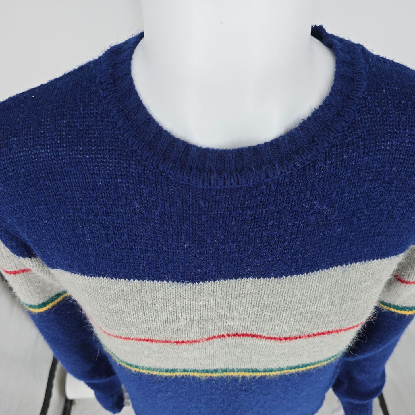 Vintage 1980s SIM Sportswear Blue & Gray Striped Acrylic/Nylon Sweater (L/XL)