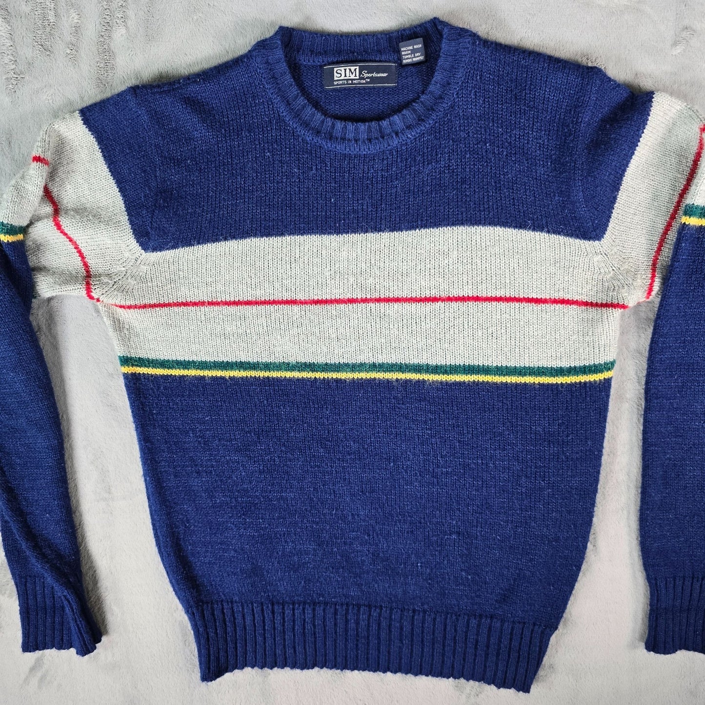 Vintage 1980s SIM Sportswear Blue & Gray Striped Acrylic/Nylon Sweater (L/XL)