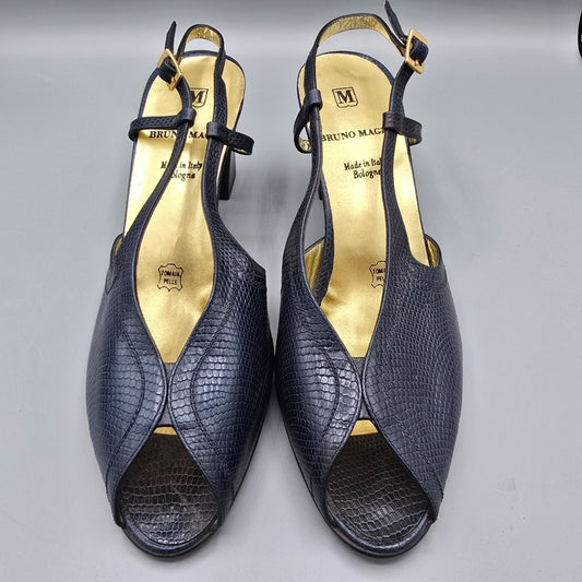 Vintage 1980s Bruno Magli Navy Lizard-Embossed Leather Peep-Toe Slingbacks (7B)