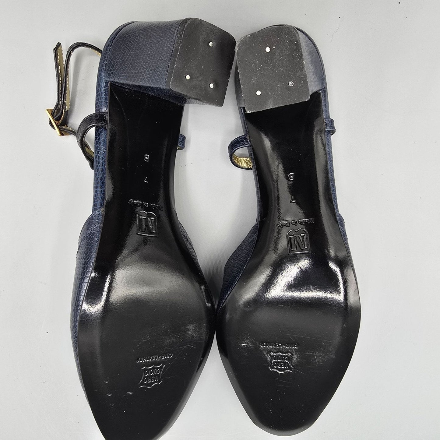 Vintage 1980s Bruno Magli Navy Lizard-Embossed Leather Peep-Toe Slingbacks (7B)