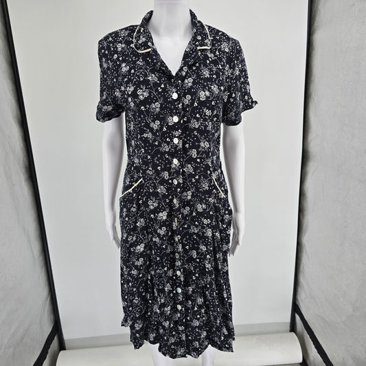 Vintage 1990s Jamie Brooke Navy/White Floral Button-Front Rayon Dress (14/L)