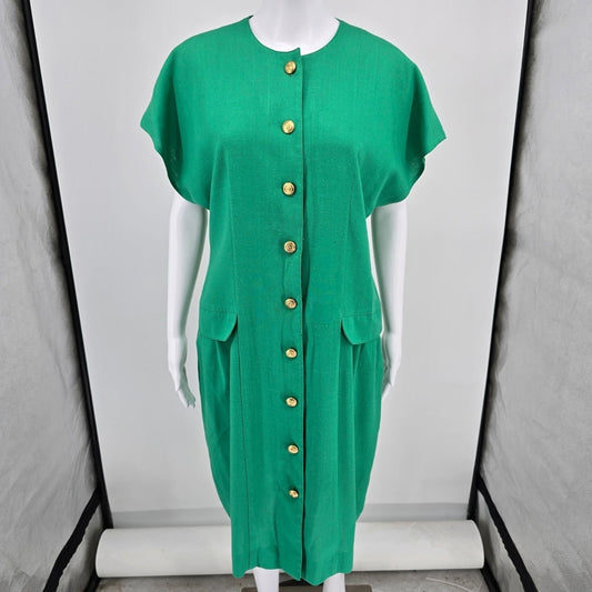 Vintage 1980s Caron Chicago Kelly Green Button-Front Dress (Medium Petite)