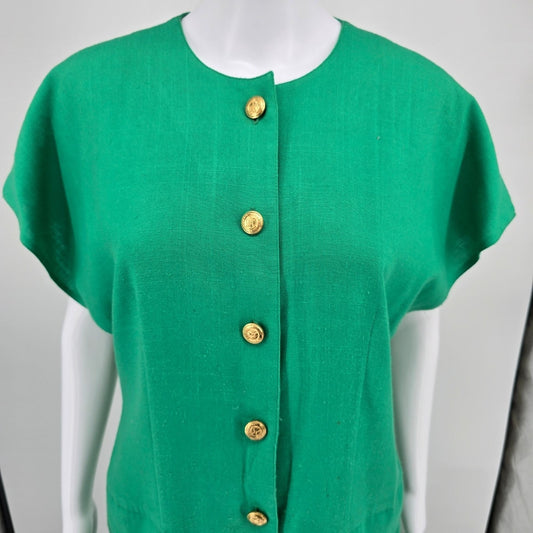 Vintage 1980s Caron Chicago Kelly Green Button-Front Dress (Medium Petite)