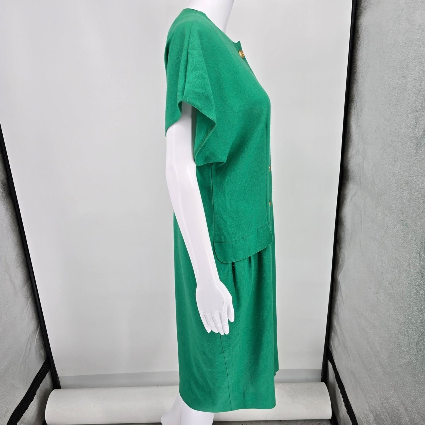 Vintage 1980s Caron Chicago Kelly Green Button-Front Dress (Medium Petite)
