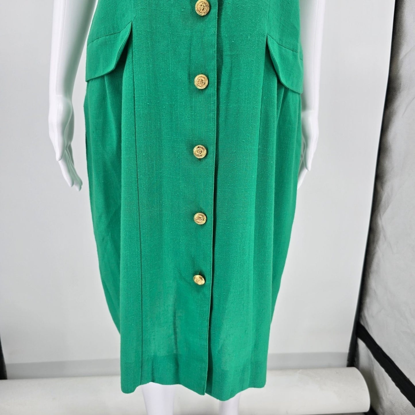 Vintage 1980s Caron Chicago Kelly Green Button-Front Dress (Medium Petite)