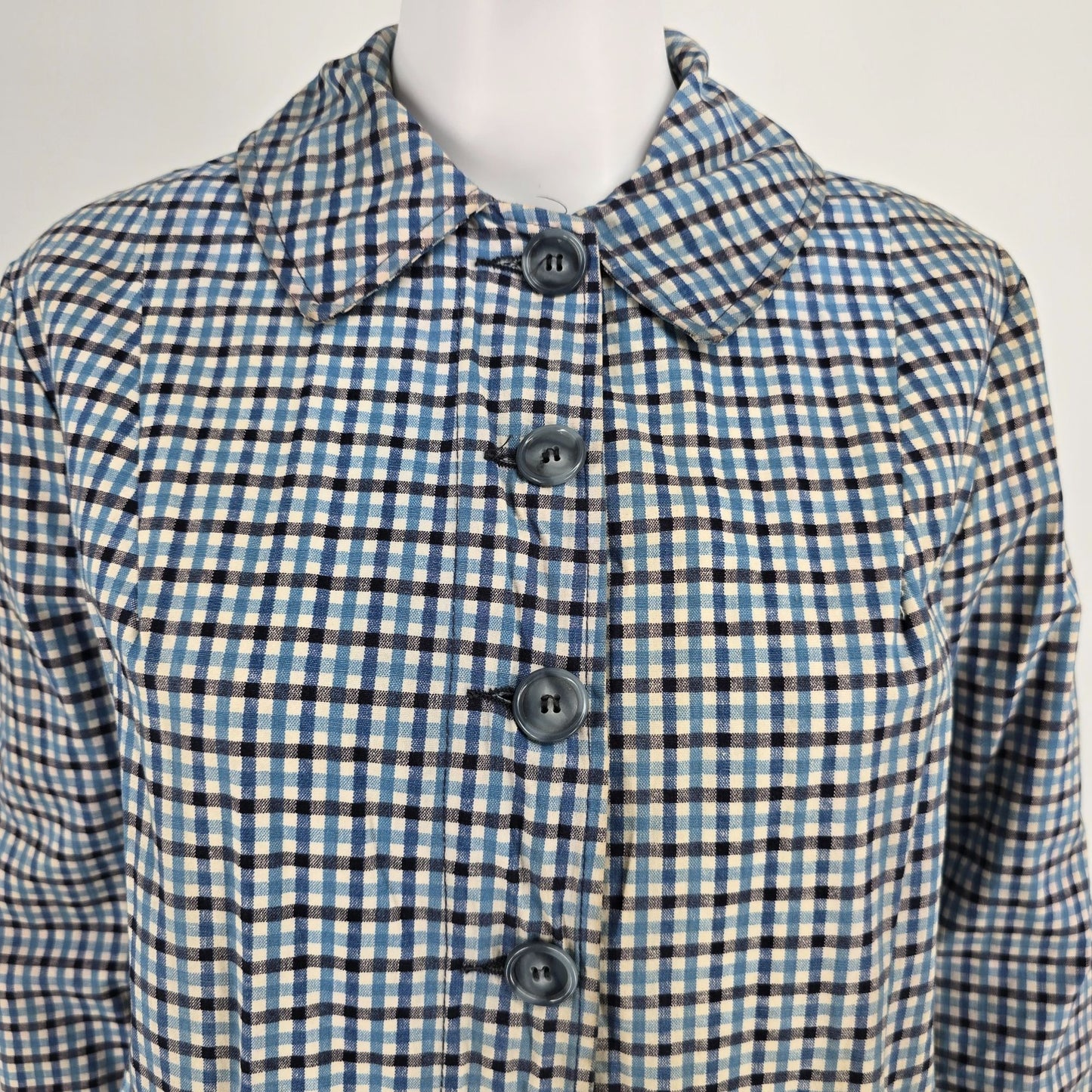 Vintage 1960s Unbranded Women's Single-breasted Blue Check Plaid Car Coat (M/L)