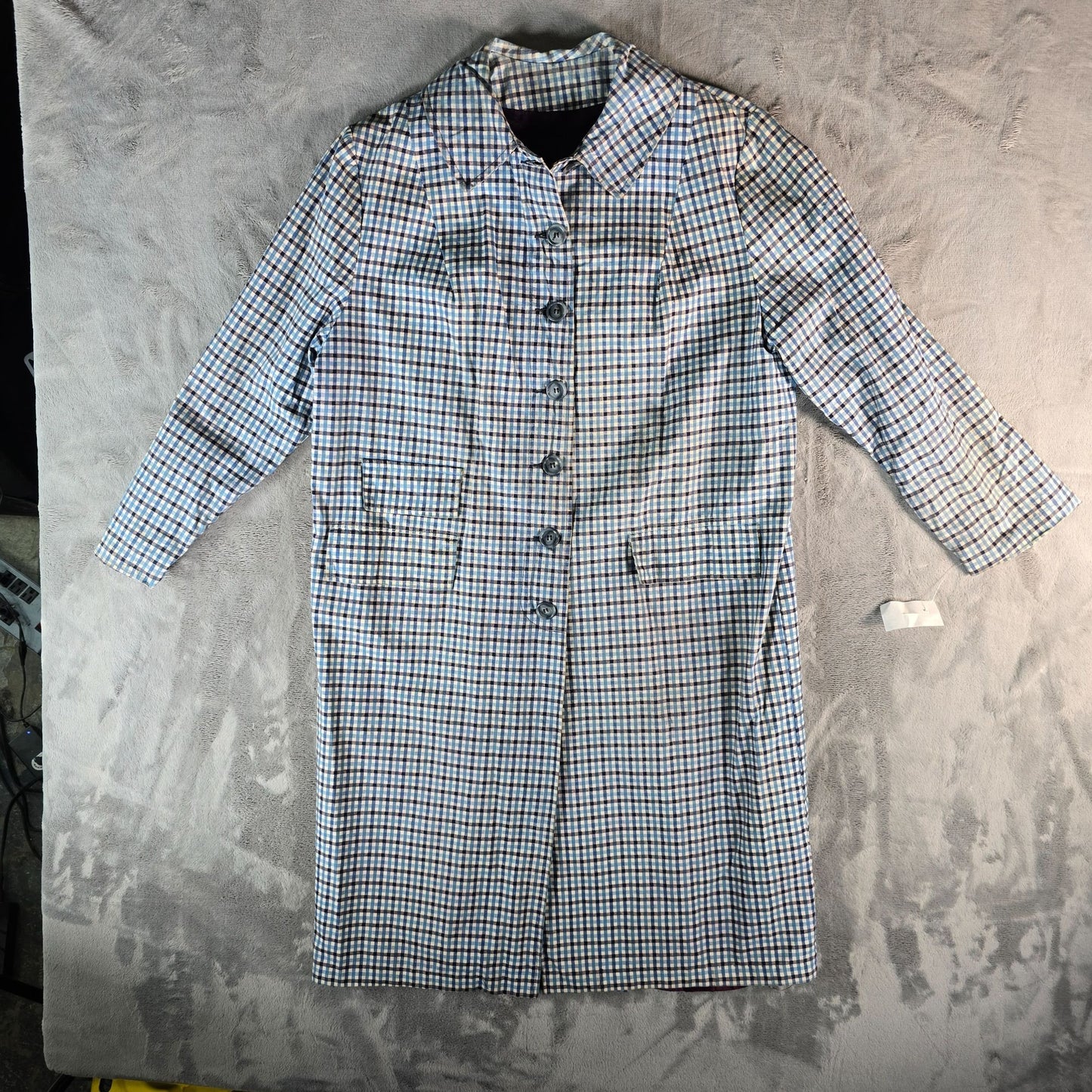 Vintage 1960s Unbranded Women's Single-breasted Blue Check Plaid Car Coat (M/L)
