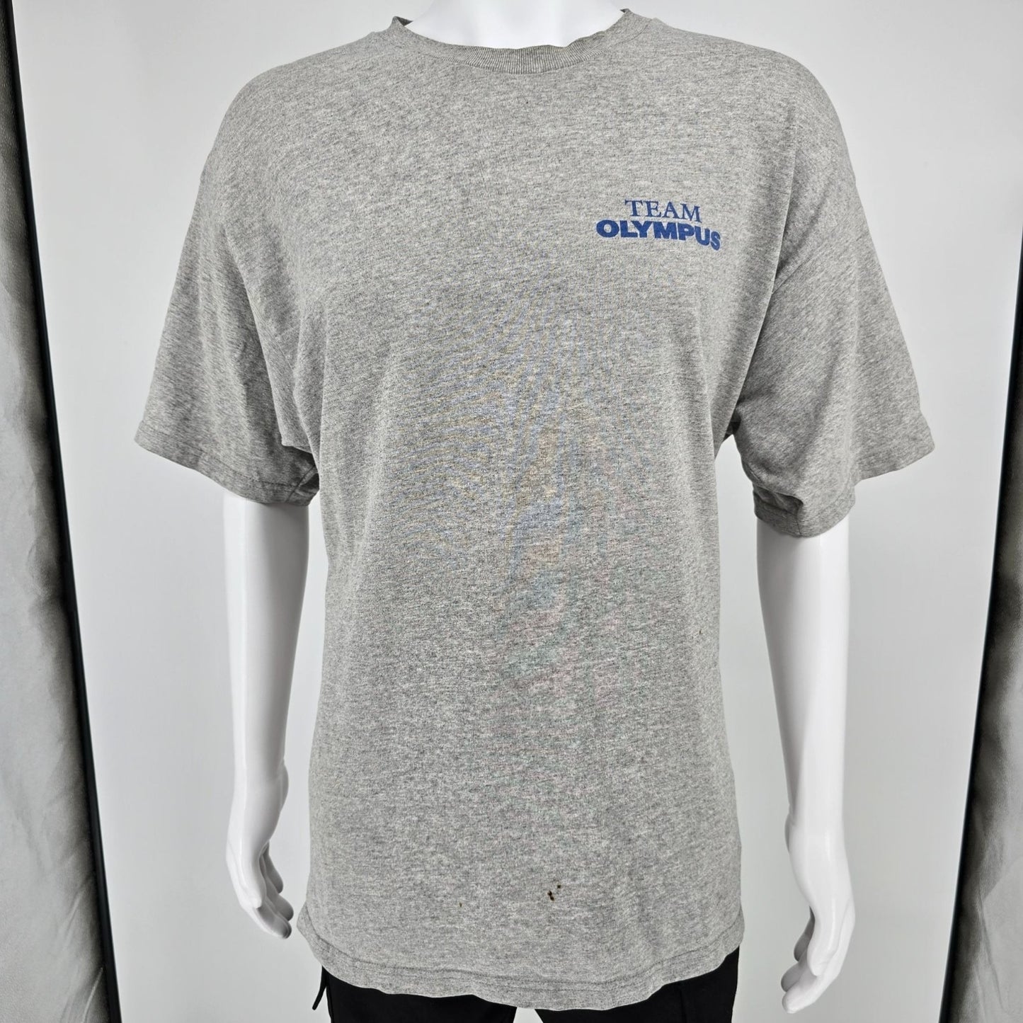 Stained Vintage 1990s Lee Premium Jersey Team Olympus Gray T-Shirt (XL)