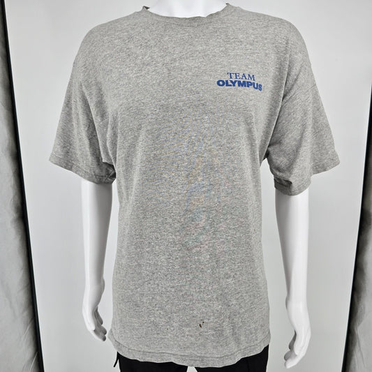 Stained Vintage 1990s Lee Premium Jersey Team Olympus Gray T-Shirt (XL)