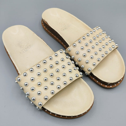 Vince Camuto Women's Kortlen Cream/Off-White Leather Studded Slides (Size 6.5)
