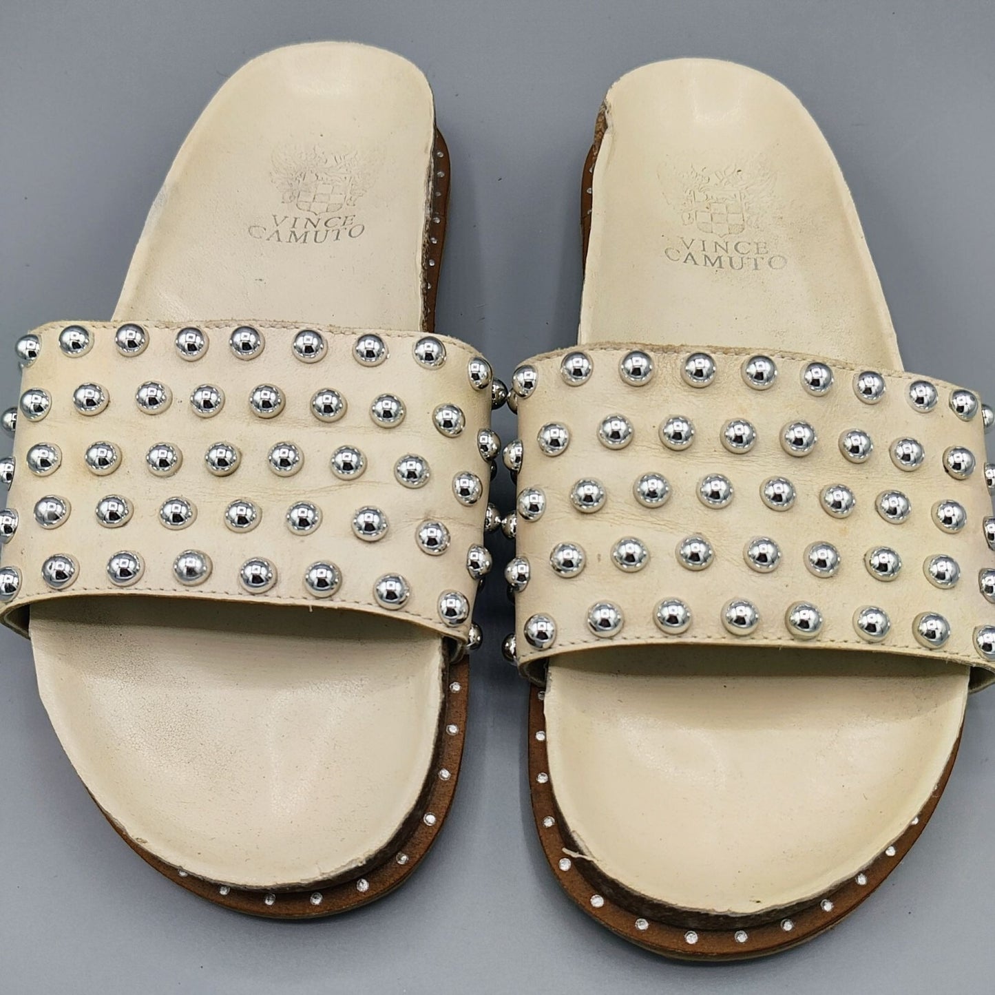Vince Camuto Women's Kortlen Cream/Off-White Leather Studded Slides (Size 6.5)