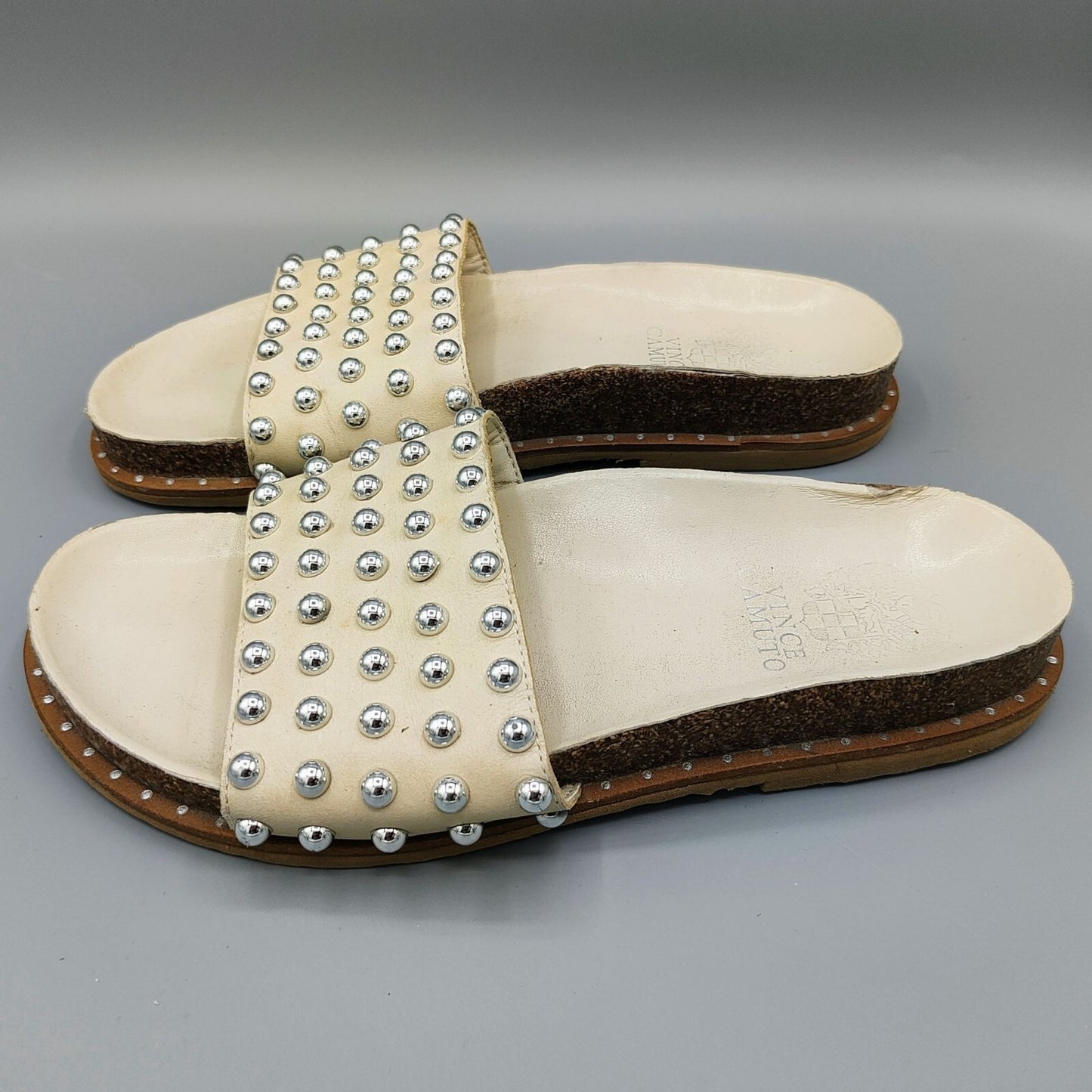 Vince Camuto Women's Kortlen Cream/Off-White Leather Studded Slides (Size 6.5)