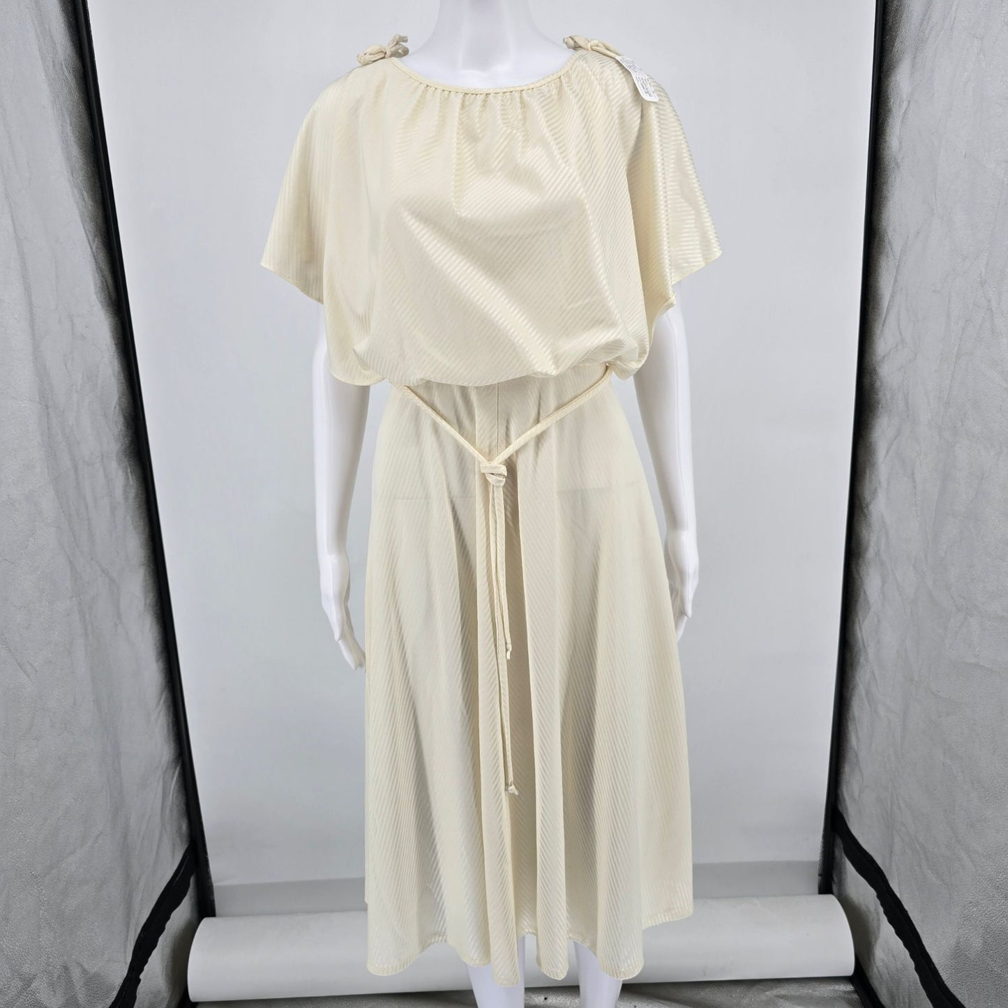 Vintage 1970s Cream Tonal Satin Stripe Flutter Cape Sleeve Grecian Dress (S)