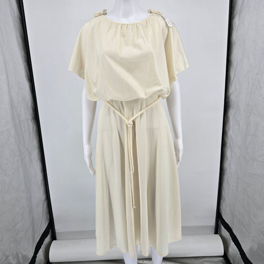 Vintage 1970s Cream Tonal Satin Stripe Flutter Cape Sleeve Grecian Dress (S)